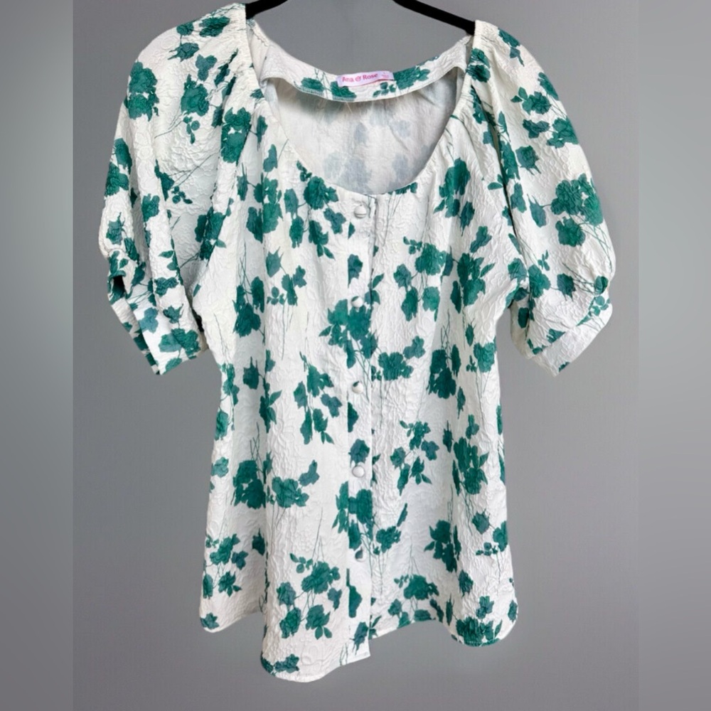 Ana & Rose Womens Short Sleeve Button Up Quilted Blouse White/Green Floral Large